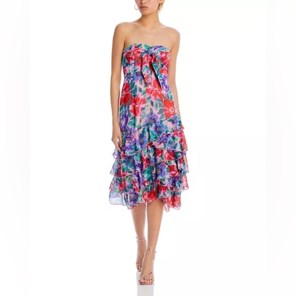 Aqua Pink and Purple Floral Strapless Tie Front Midi Dress Size S